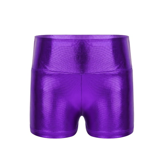 CHICTRY Teens Girls Shiny Ballet Dance Shorts High Waist Metallic Gymnastics Fitness Shorts Purple-A 8