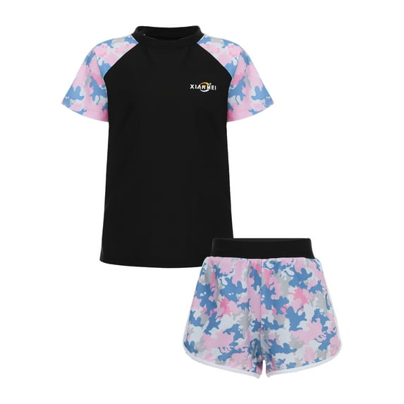 CHICTRY Two-Piece Swimsuit for Girls Tweens Quick Dry Rash Guard Camouflage Print Swim Shirt with Shorts Black 13-14