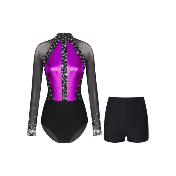 CHICTRY Women 2 Piece Gymnastics Leotard with Shorts Outfits Sparkly Rhinestones Skating Dance Jumpsuit Purple L