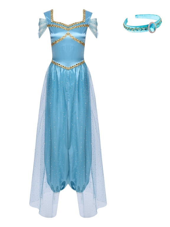 Women Arabian Princess Dress-up Sequin Sleeveless Belly Dance Harem Romper with Headband Lake Blue S
