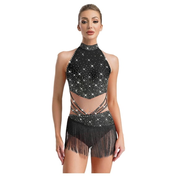 CHICTRY Women Latin Dance Bodysuit Rhinestone Tassels Leotard Dress Rumba Cha Cha Ballroom Dancewear Black S