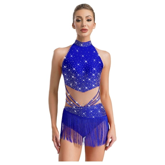 CHICTRY Women Latin Dance Bodysuit Rhinestone Tassels Leotard Dress Rumba Cha Cha Ballroom Dancewear Royal Blue XL