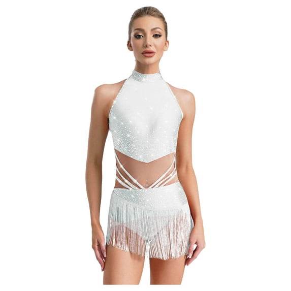 CHICTRY Women Latin Dance Bodysuit Rhinestone Tassels Leotard Dress Rumba Cha Cha Ballroom Dancewear White S