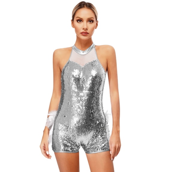 CHICTRY Women Mesh Neck Sequins Biketard with Feather Skirts for Modern Jazz Hiphop Disco DJ Club Rave Dress White M