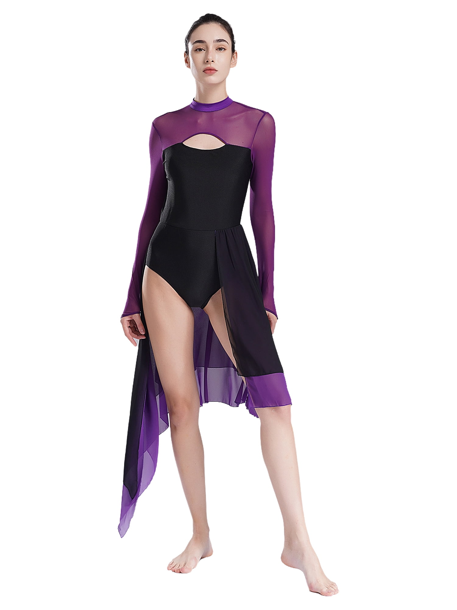 CHICTRY Women Modern Lyrical Dance Dress Mesh Long Sleeve Cutout Back ...