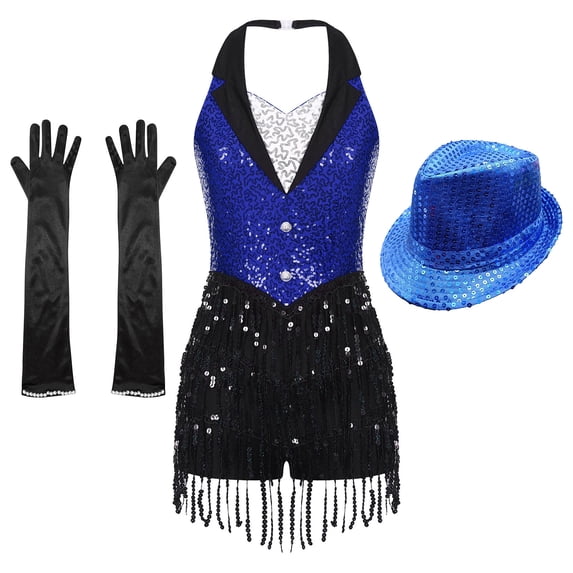 CHICTRY Women Sequins Tassel Latin Leotard Dress Rumba Salsa Jazz Dance Outfit with Gloves Hat Blue S