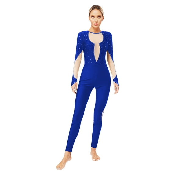 CHICTRY Women Shiny Rhinestone Keyhole Back Ice Skating Full Cover Unitard Gymnastics Dance Jumpsuits Blue XL
