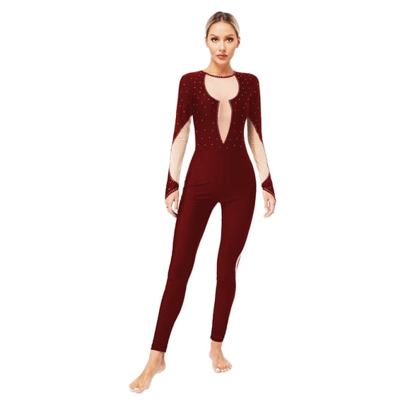 CHICTRY Women Shiny Rhinestone Keyhole Back Ice Skating Full Cover Unitard Gymnastics Dance Jumpsuits Burgundy M