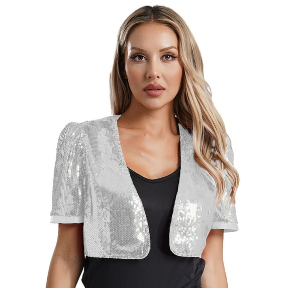CHICTRY Women's Sequin Jacket Sparkly Glitter Short Sleeve Open Front Cropped Blazer Bolero Shrug Silver 4XL