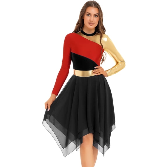 CHICTRY Womens Asymmetrical Hem Lyrical Liturgical Praise Dance Dress Metallic Color Contrast Modern Dancewear Black S