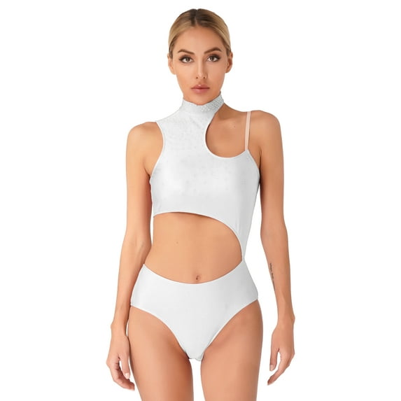 CHICTRY Womens Ballet Figure Skating Leotard Costume Glittery Rhinestone Hollow Out Bodysuit for Acrobatics Gymnastics White L