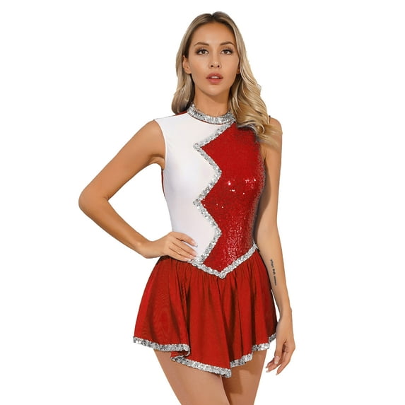 CHICTRY Womens Cheer Leader Dance Dress Shiny Sequins Color Contrast Figure Skating Dress Red L