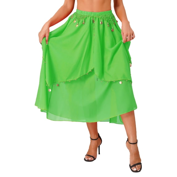 CHICTRY Womens Chiffon Belly Dance Asymmetric Hem Skirt Halloween Shiny Sequins Beaded Dance Costume Green One Size