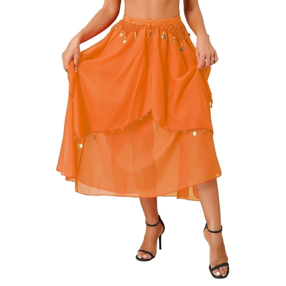 CHICTRY Womens Chiffon Belly Dance Asymmetric Hem Skirt Halloween Shiny Sequins Beaded Dance Costume Orange One Size