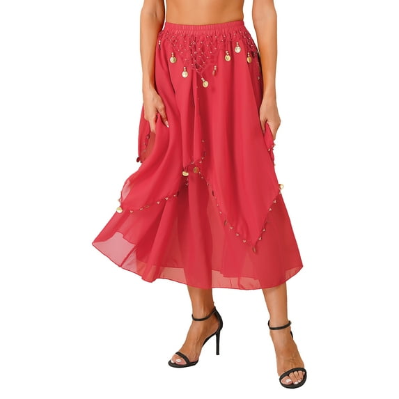 CHICTRY Womens Chiffon Belly Dance Asymmetric Hem Skirt Halloween Shiny Sequins Beaded Dance Costume Red One Size