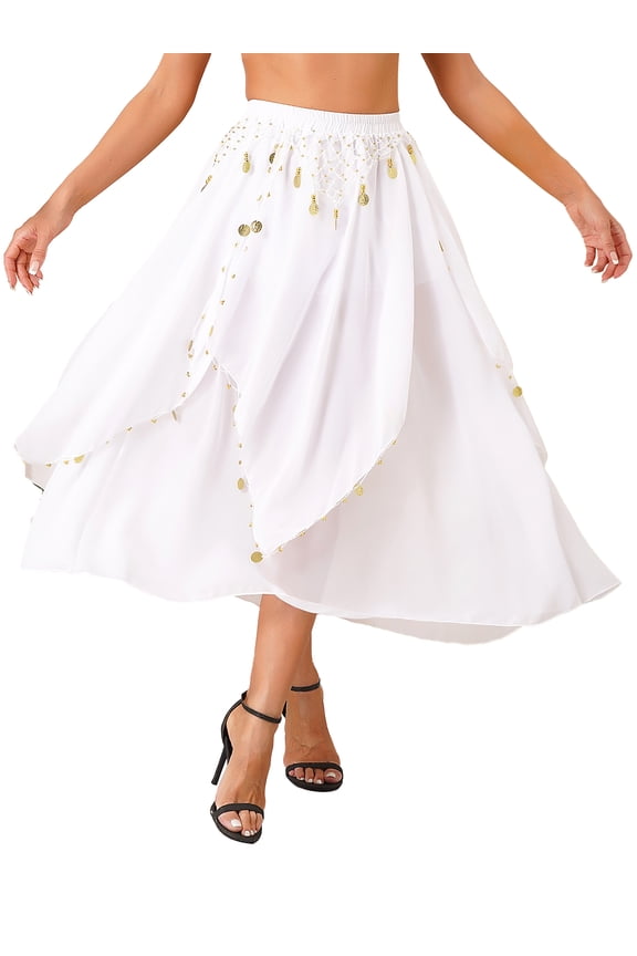 Womens Chiffon Belly Dance Asymmetric Hem Skirt Halloween Shiny Sequins Beaded Dance Costume White One Size
