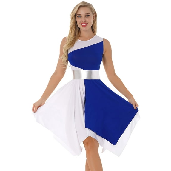 CHICTRY Womens Color Block Liturgical Worship Praise Dance Dress Sleeveless Asymmetrical Hem Lyrical Dancewear A Blue L