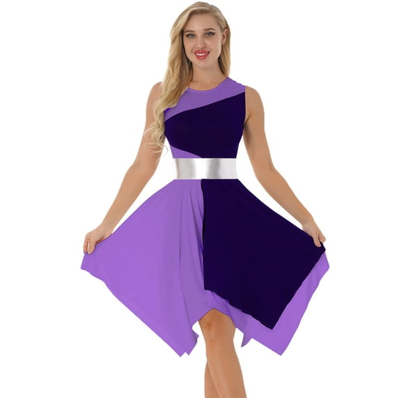 CHICTRY Womens Color Block Liturgical Worship Praise Dance Dress Sleeveless Asymmetrical Hem Lyrical Dancewear Purple L