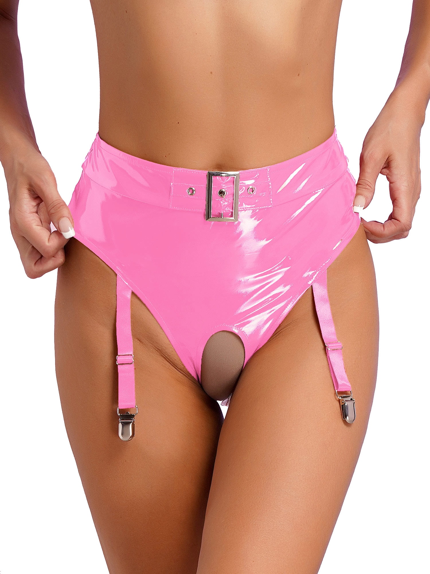 CHICTRY Womens Exotic Lingerie Open Crotch Underwear with Garter Clips  Latex Panties Clubwear A Pink 4XL