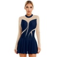 thumbnail image 1 of CHICTRY Womens Figure Ice Skating Dress Long Sleeve Gymnastics Leotard Shiny Rhinestone Sheer Mesh Dancewear Navy Blue S, 1 of 7