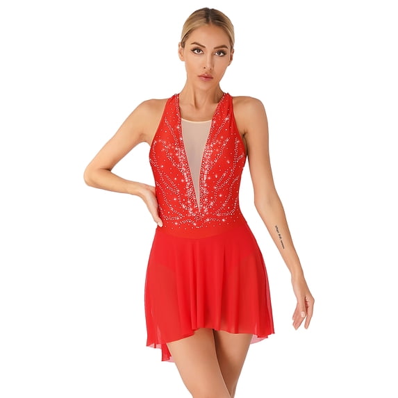 CHICTRY Womens Figure Skating Dress Shiny Rhinestone Dance Costume Ballet Performance Leotard Dress Red XL