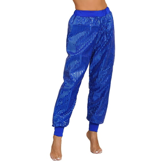 CHICTRY Womens Glitters Jogger Pants Shiny Sequins Sweatpants Loose Hip Hop Dance Costume Blue L/XL(XXL)