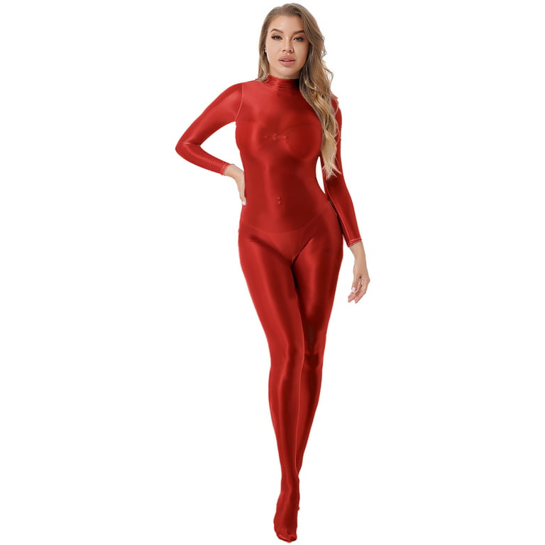 CHICTRY Womens Glossy Elastic Fitness Workout Bodysuit Long Sleeve Tights  Full Body Stretchy Jumpsuit Red XL