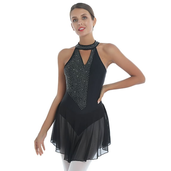 CHICTRY Womens Halter Backless Figure Skating Dress Sparkling Rhinestone Gymnastics Skirted Leotard Black L
