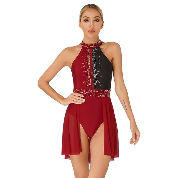 CHICTRY Womens Halter Backless Figure Skating Dress Sparkling Rhinestone Gymnastics Skirted Leotard Burgundy-A XXL