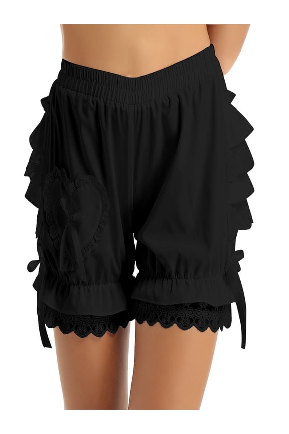 Womens Lace Ruffled Bloomers Pettipants Victorian Pumpkin Pants Booty Shorts Black S