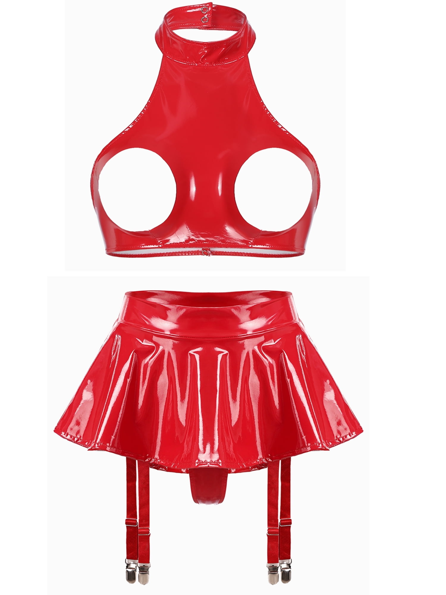 CHICTRY Womens Latex Lingerie Set Wire-Free Open Cups Bra with Garter Mini  Skirt Anniversary Honeymoon Gift C Red M 