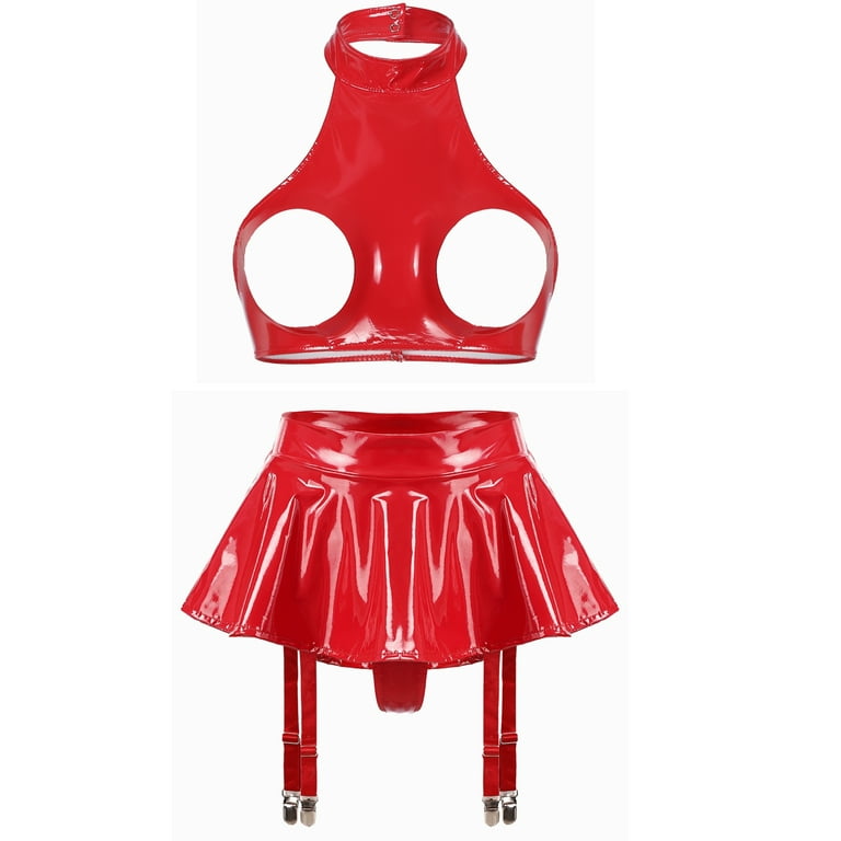 CHICTRY Womens Latex Lingerie Set Wire-Free Open Cups Bra with Garter Mini  Skirt Anniversary Honeymoon Gift C Red M 