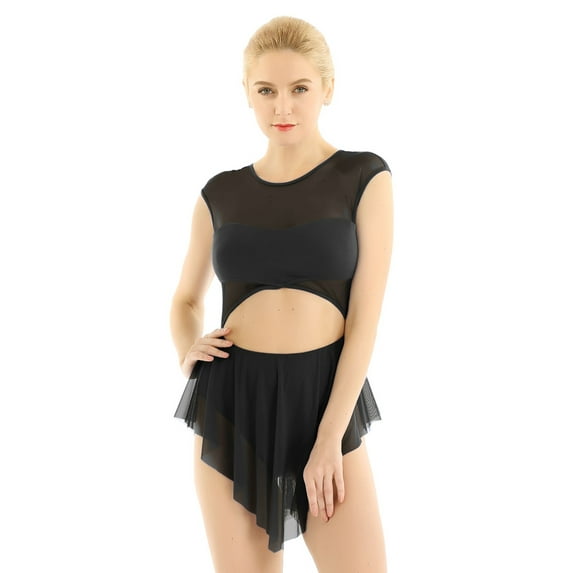 CHICTRY Womens Lyrical Ballet Leotard Dress Cut Out Front Asymmetric Mesh Leotard Gymnastics Skirted Bodysuit Outfit Black X-Large