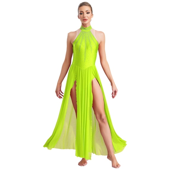 CHICTRY Womens Lyrical Dance Dress Modern Contemporary Dancewear Halter Rhinestone Mesh Tulle Maxi Long Skirt Fluorescent Green M