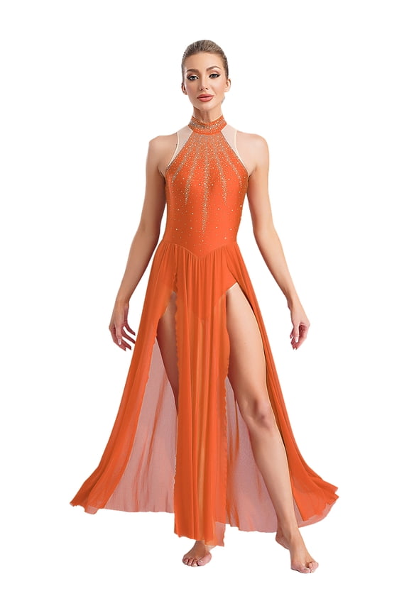 Womens Lyrical Dance Dress Modern Contemporary Dancewear Halter Rhinestone Mesh Tulle Maxi Long Skirt Orange S