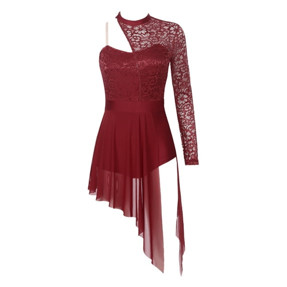 CHICTRY Womens Lyrical Dance Dress One Shoulder Lace Split Mesh Leotard Dress Figure Skating Costume Burgundy M