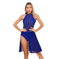 thumbnail image 1 of CHICTRY Womens Lyrical Modern Dance Dress Side Split Backless Leotard Rhinestone Mesh Patchwork Skating Dress A Blue L, 1 of 7