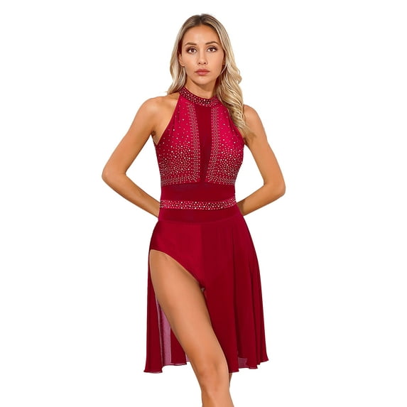 CHICTRY Womens Lyrical Modern Dance Dress Side Split Backless Leotard Rhinestone Mesh Patchwork Skating Dress Burgundy S