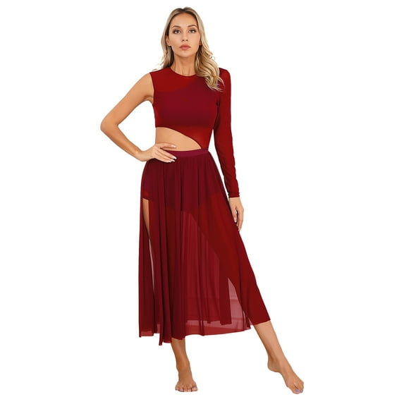 CHICTRY Womens Mesh Split Flowy Dance Leotard One Sleeve Modern Lyrical Dance Dress Gymnastics Leotard Dress Burgundy L