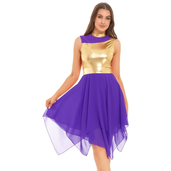 CHICTRY Womens Metallic Color Block Patchwork Lyrical Contemporary Dance Dress