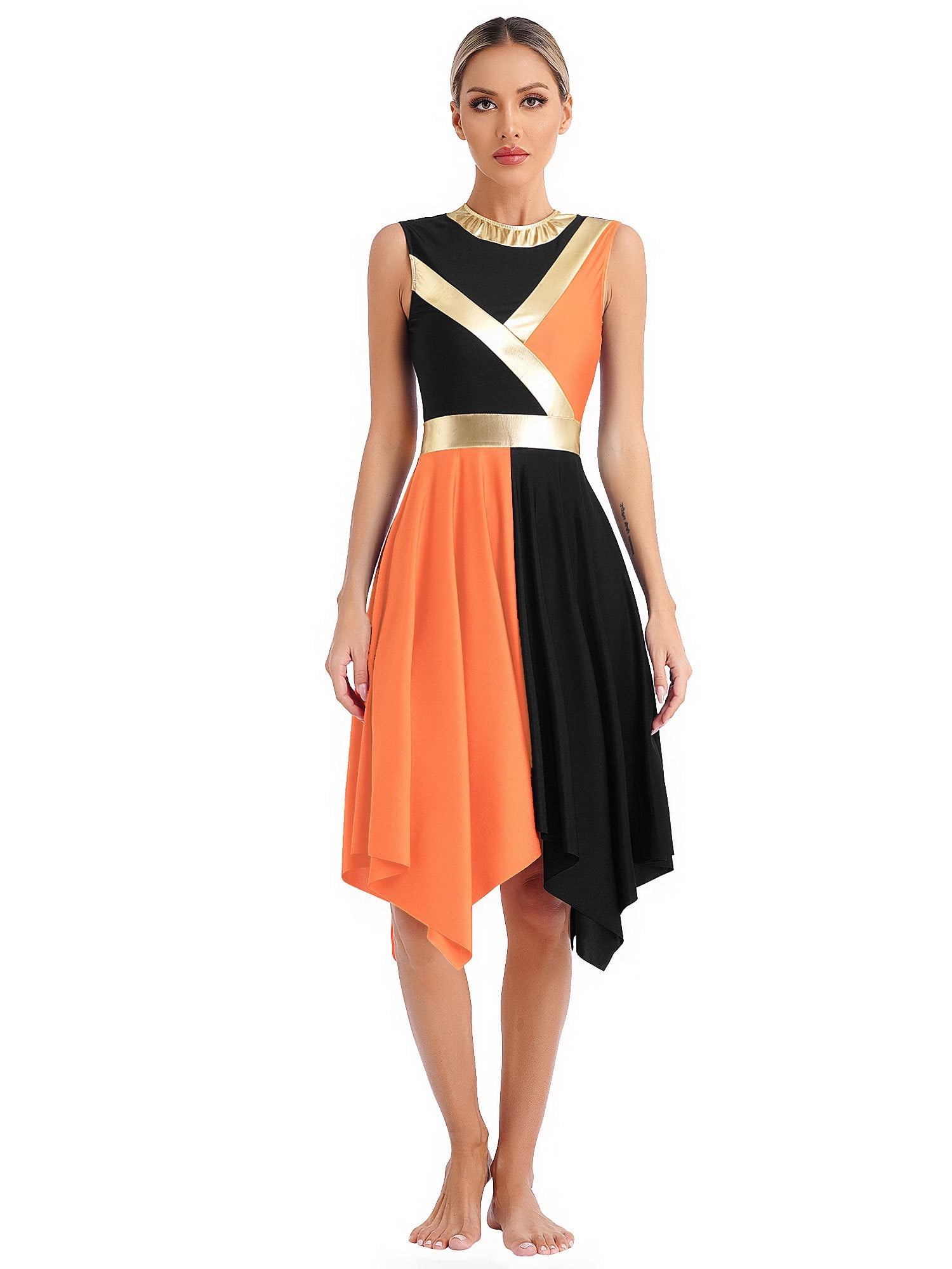 orange praise dance dresses CHICTRY Womens Metallic Praise Choir Dance Dress Sleeveless Liturgical  Asymmetrical Hem Dress Modern Lyrical Dancewear Black&Orange XL