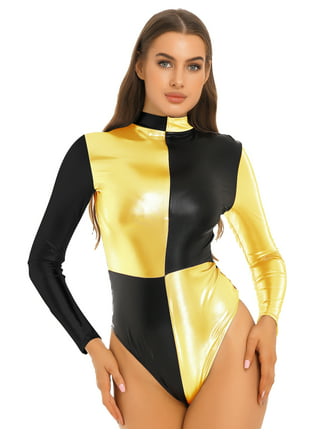 Womans Patent Leather Jumpsuit Catsuit Metallic Full Body Suit Zipper  Clubwear