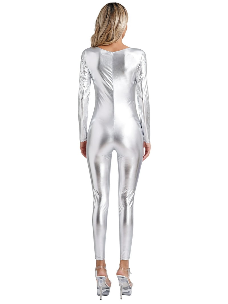 CHICTRY Womens Metallic Shiny Full Body Jumpsuit Long Sleeve One