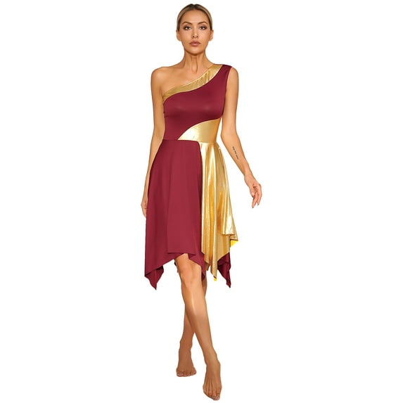 CHICTRY Womens One Shoulder Dance Dress Metallic Shiny Color Contrast Patchwork Liturgical Praise Dance Dress A Burgundy XXL