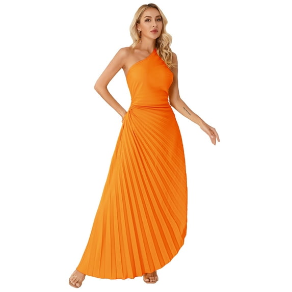 CHICTRY Womens One Shoulder Long Formal Dress Sleeveless Ruched Evening Ball Gown Cocktail Party Dress Orange XL
