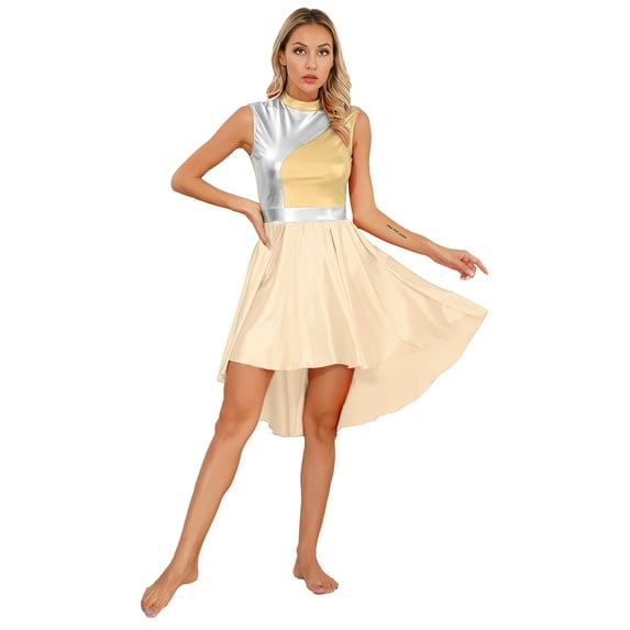CHICTRY Womens Praise Dance Dress Metallic High Low Asymmetrical Hem Tank Dress Liturgical Worship Dancewear Gold M