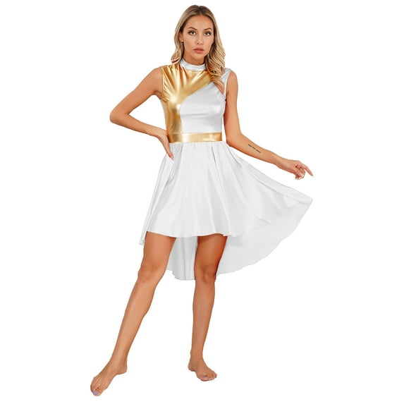 CHICTRY Womens Praise Dance Dress Metallic High Low Asymmetrical Hem Tank Dress Liturgical Worship Dancewear White XL