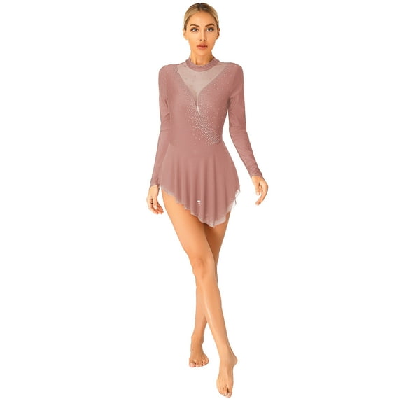 CHICTRY Womens Rhinestone Ballet Dance Dress Gymnastics Leotard Long Sleeve Mesh Splice Figure Skating Dress Brown XL