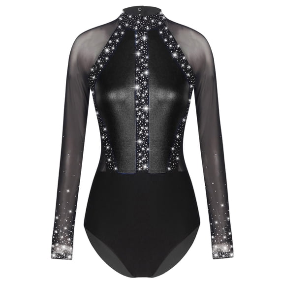 CHICTRY Womens Rhinestone Ballet Gymnastics Leotard Metallic Long Sleeve Rhythmic Gymnastics Dance Bodysuit Black XXL