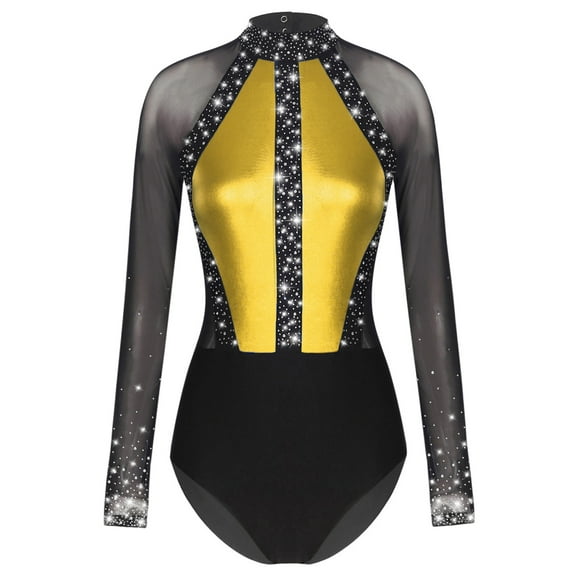 CHICTRY Womens Rhinestone Ballet Gymnastics Leotard Metallic Long Sleeve Rhythmic Gymnastics Dance Bodysuit Gold L